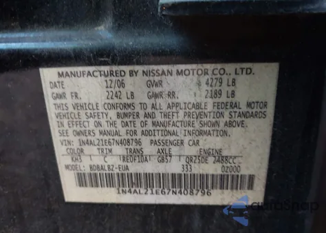 2007 Nissan Altima 2.5 S from USA, damaged, VIN 1N4AL21E67N408796